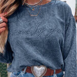 B343 Saved by Grace Letter Emboidery Mineral Wash Loose Sweatshirt